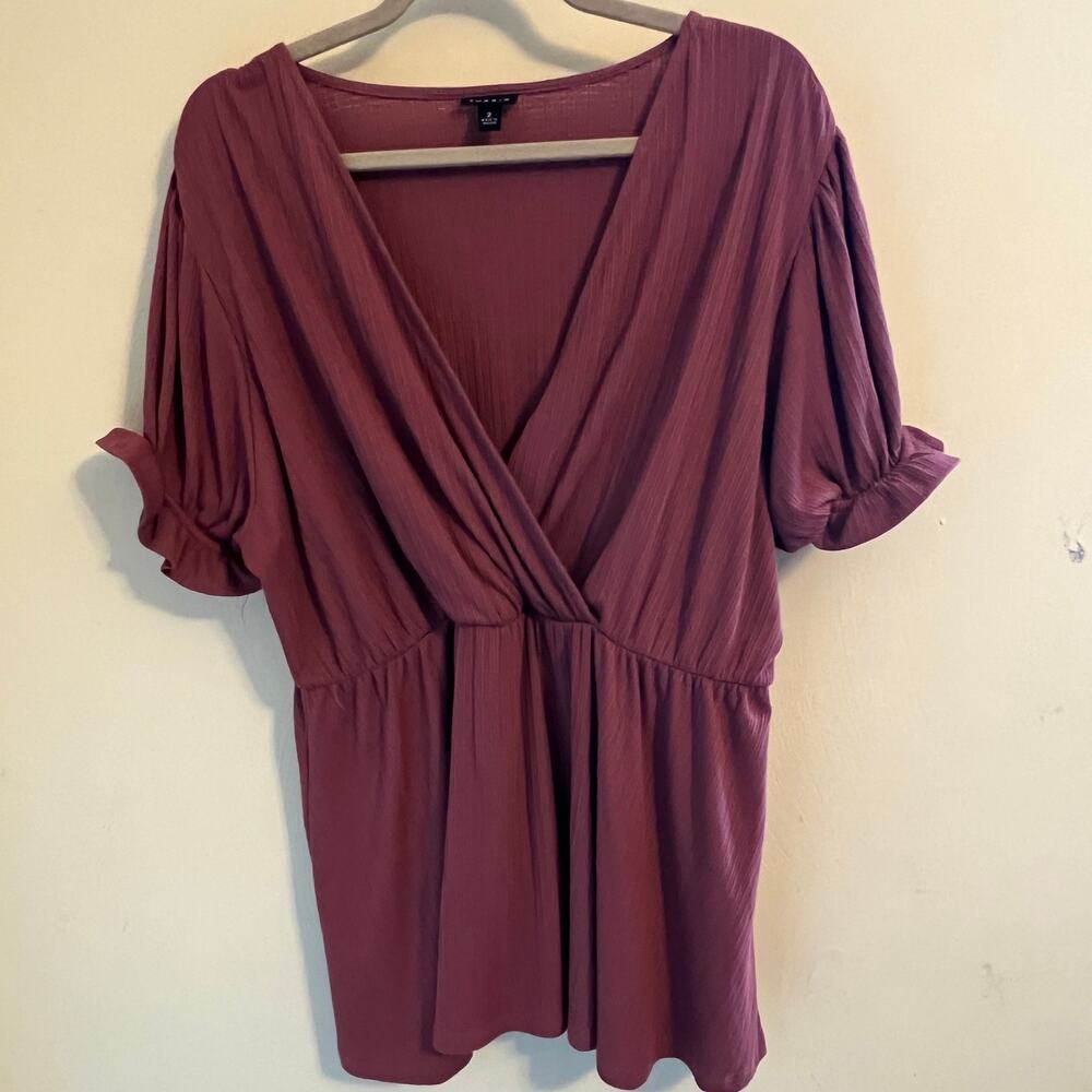 Torrid Knit Faux Wrap Top Size 2X Mauve Ruffle Sleeves Stretch Eastic Waist